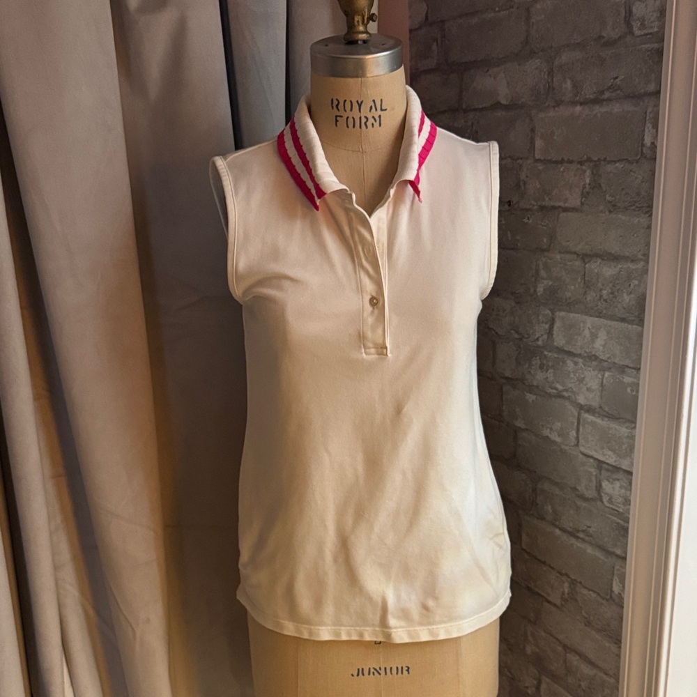 Elegant Sleeveless tennis Polo Top - Cream with Pink Stripes